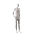 Basic male window mannequin, semi-abstract head, round tempered glass base, soft clay matt, pose 106