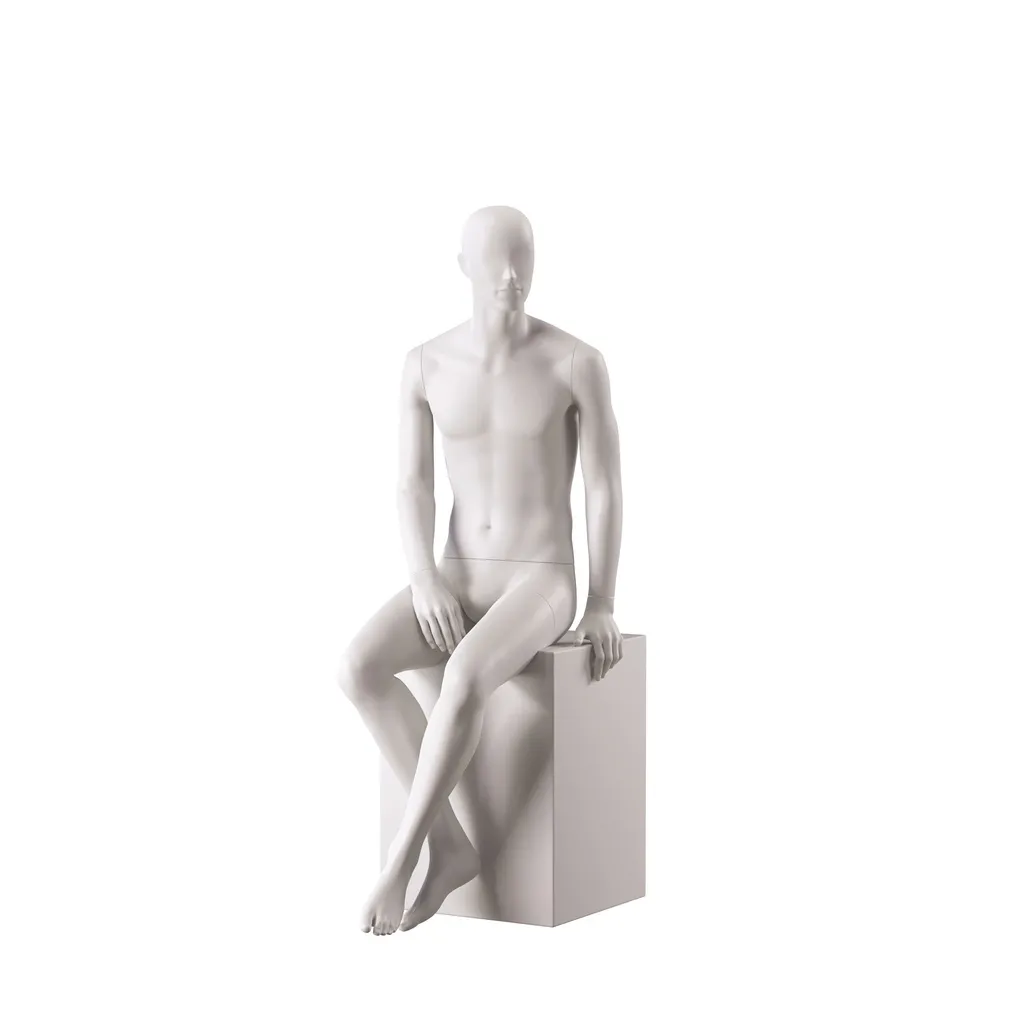 Heren etalage mannequin, met semi abstract hoofd, glazen ronde voetplaat, nude, pose 107