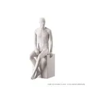 Basic male window mannequin, semi-abstract head, round tempered glass base, soft clay matt, pose 107