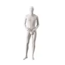 Basic male window mannequin, semi-abstract head, round tempered glass base, soft clay matt, pose 111