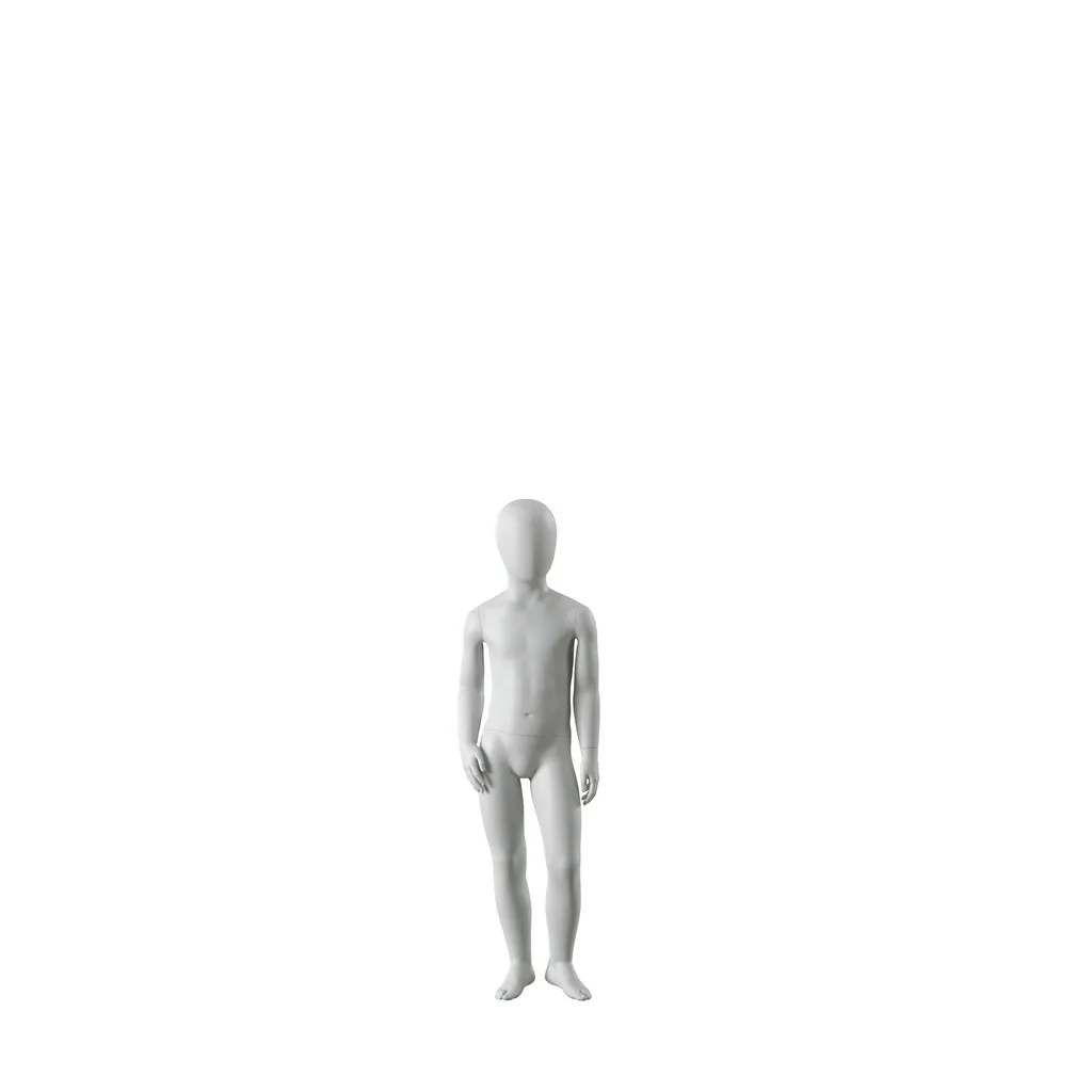 Mannequin enfant abstrait gris, avec tête abstraite, 4 ans, socle en verre, pose C202