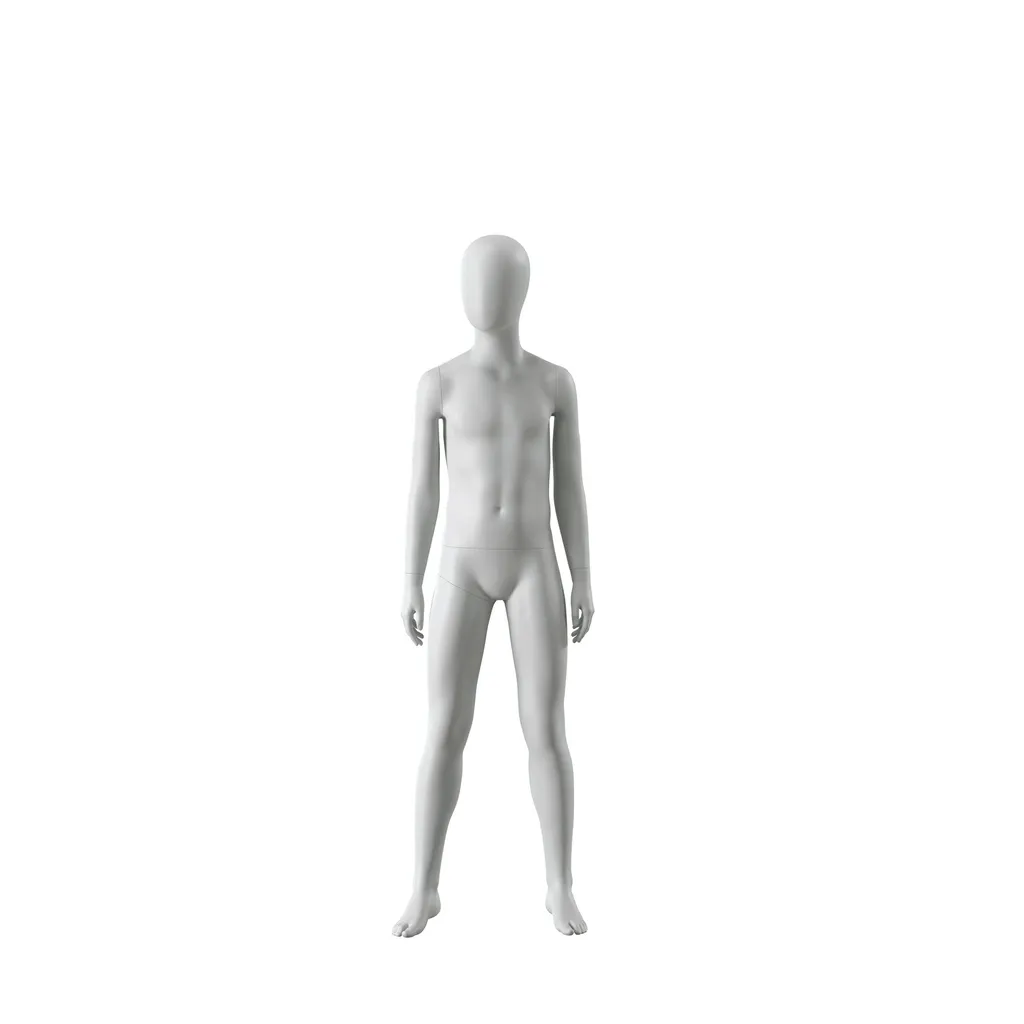 Mannequin enfant abstrait gris, avec tête abstraite, 12 ans, socle en verre, pose C209