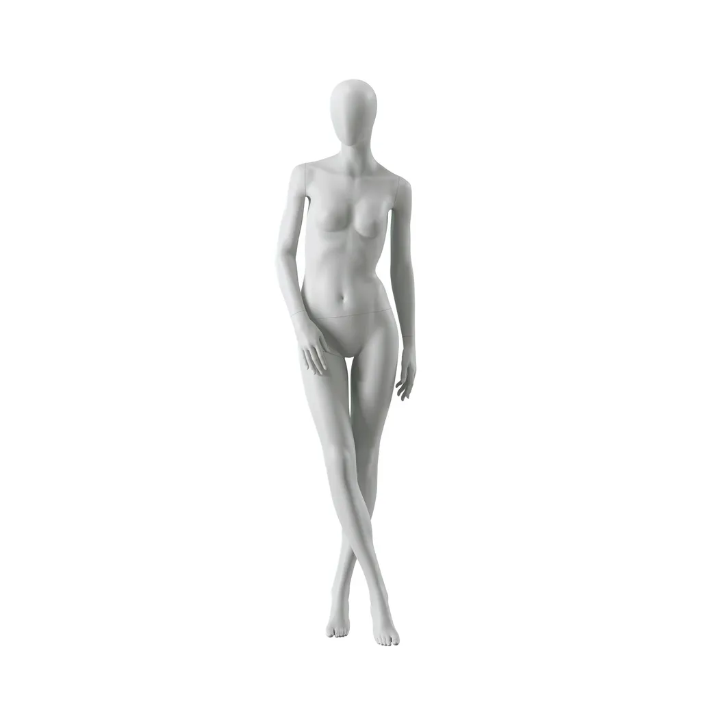 Mannequin femme abstrait gris, avec tête abstraite, socle en verre, pose F001