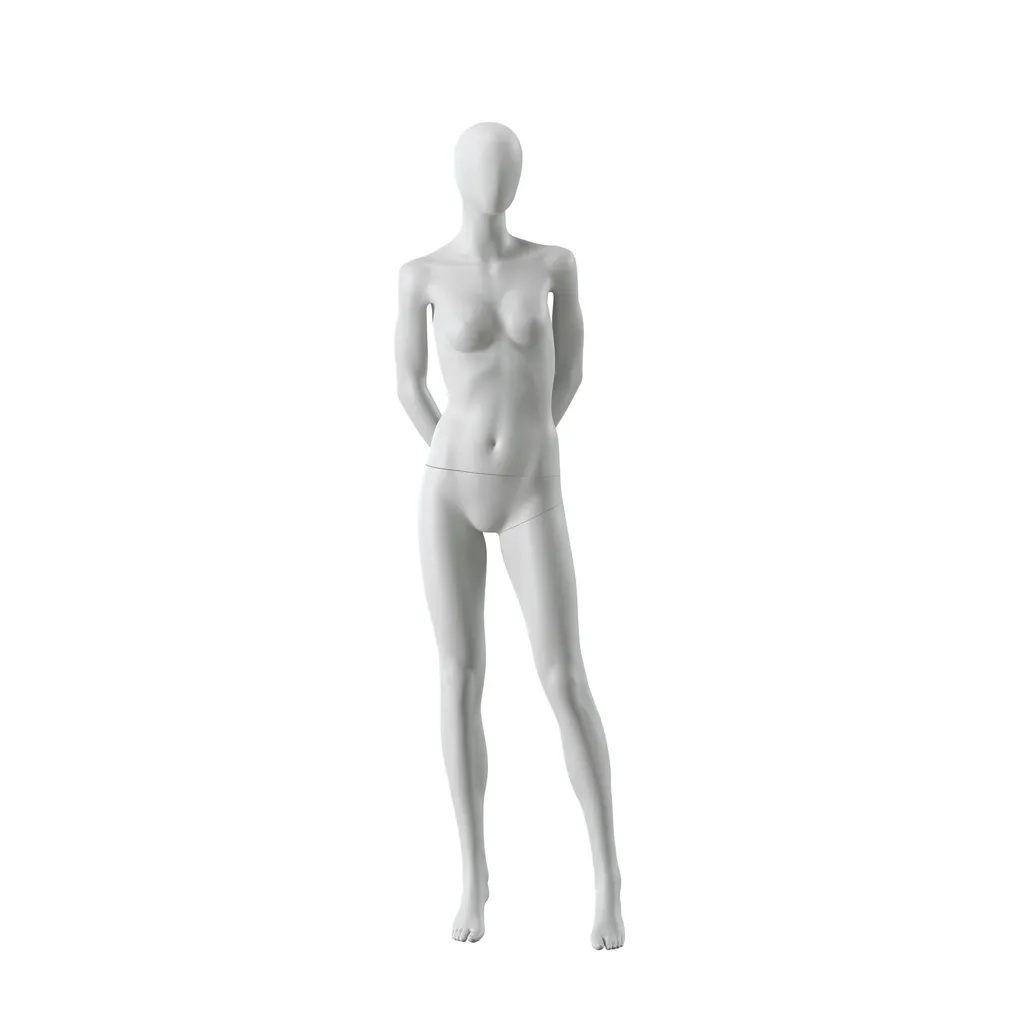 Abstract grey female mannequin, with abstract head, glass base, pose F002