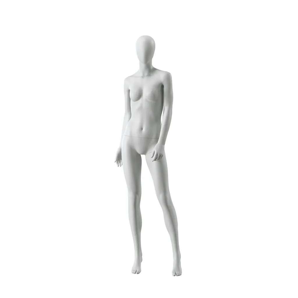 Mannequin femme abstrait gris, avec tête abstraite, socle en verre, pose F003