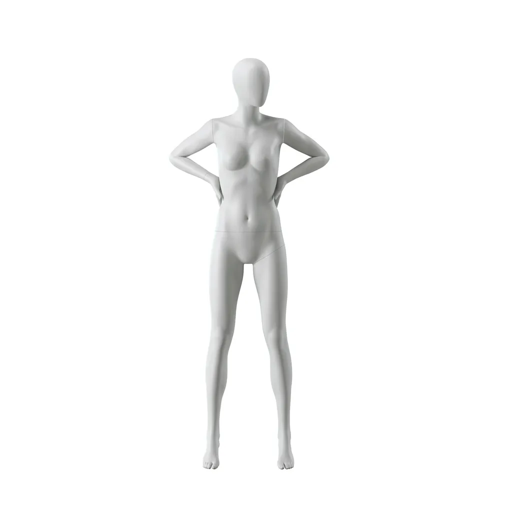 Mannequin femme abstrait gris, avec tête abstraite, socle en verre, pose F004