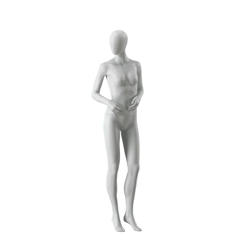 Abstract grey female mannequin, with abstract head, glass base, pose F006