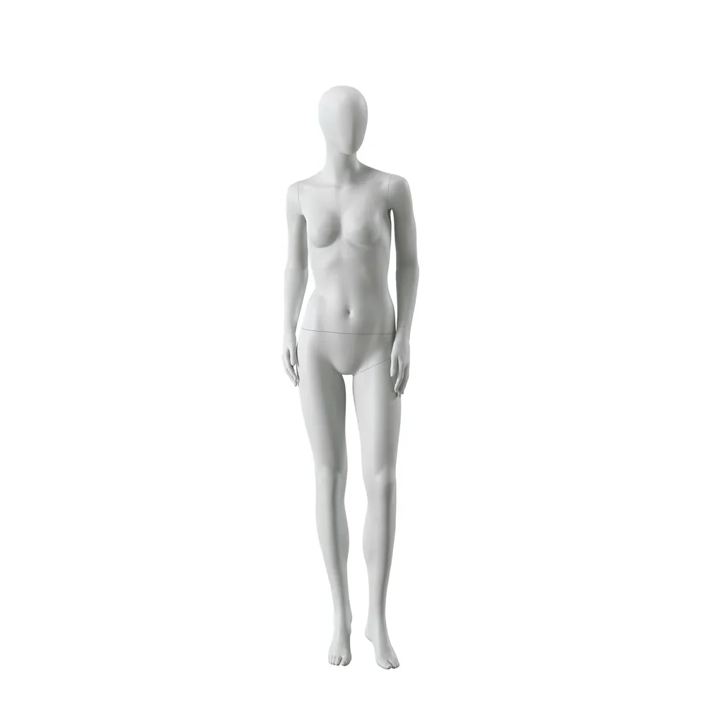 Abstract grey female mannequin, with abstract head, glass base, pose F007