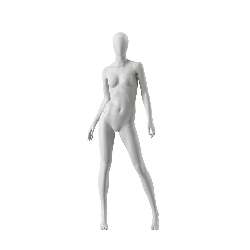 Abstract grey female mannequin, with abstract head, glass base, pose F008