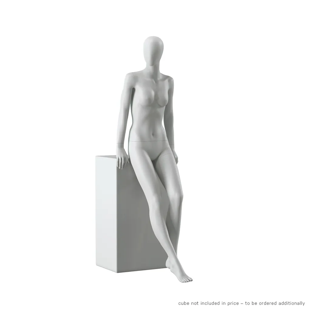 Mannequin femme abstrait gris, avec tête abstraite, pose assise F011