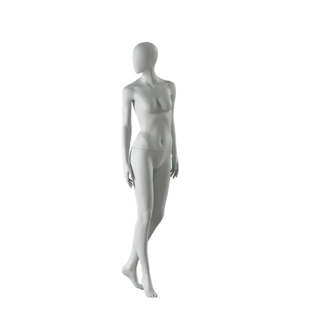 Mannequin femme abstrait gris, avec tête abstraite, socle en verre, pose F013