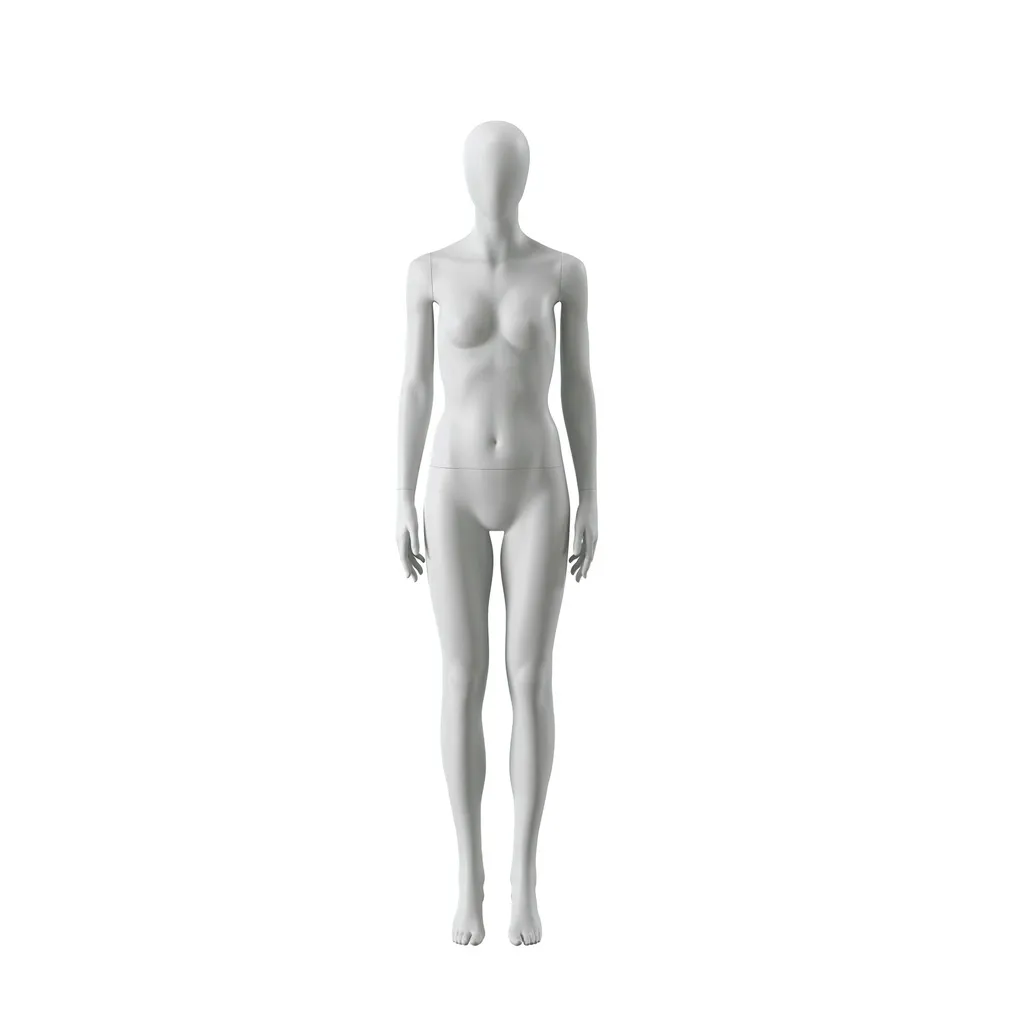 Mannequin femme abstrait gris, avec tête abstraite, socle en verre, pose F014