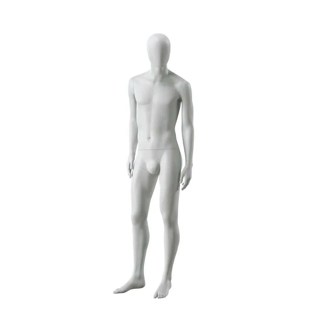 Mannequin homme abstrait gris, avec tête abstraite, socle en verre, pose M102