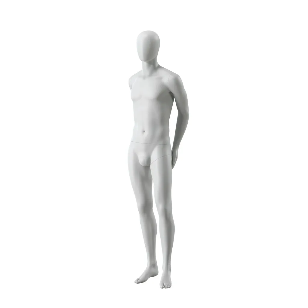 Abstract grey male mannequin, with abstract head, glass base, pose M104