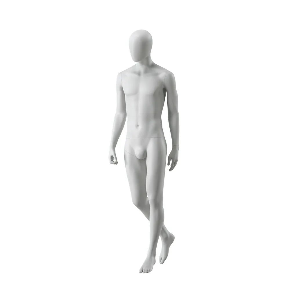 Abstract grey male mannequin, with abstract head, glass base, pose M110