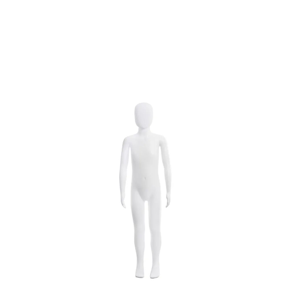 Unbreakable child mannequin, 5-6 years abstract head, recyclable mannequin made from ABS plastic, matte white, pose 1