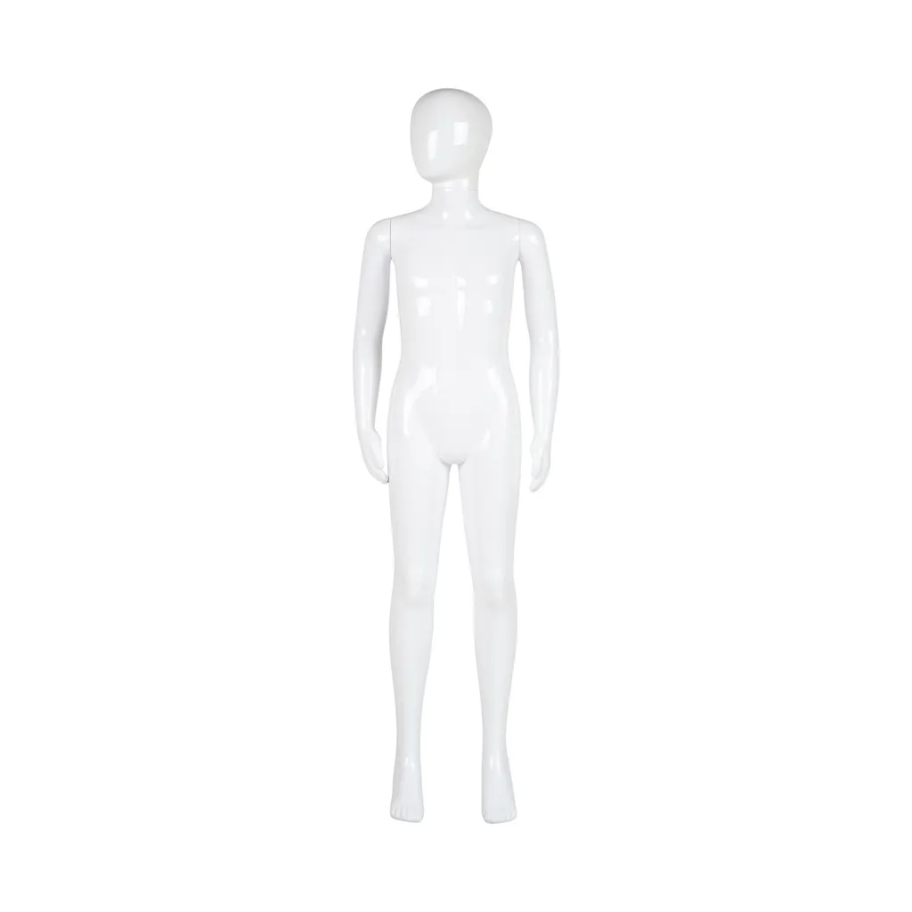 Unbreakable children's mannequin, 10 years, abstract head, recyclable mannequin made of ABS plastic, glossy white, pose 9