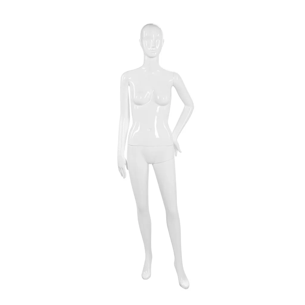 Unbreakable women's mannequin, semi-abstract head, recyclable mannequin made of ABS plastic, glossy white, pose 20