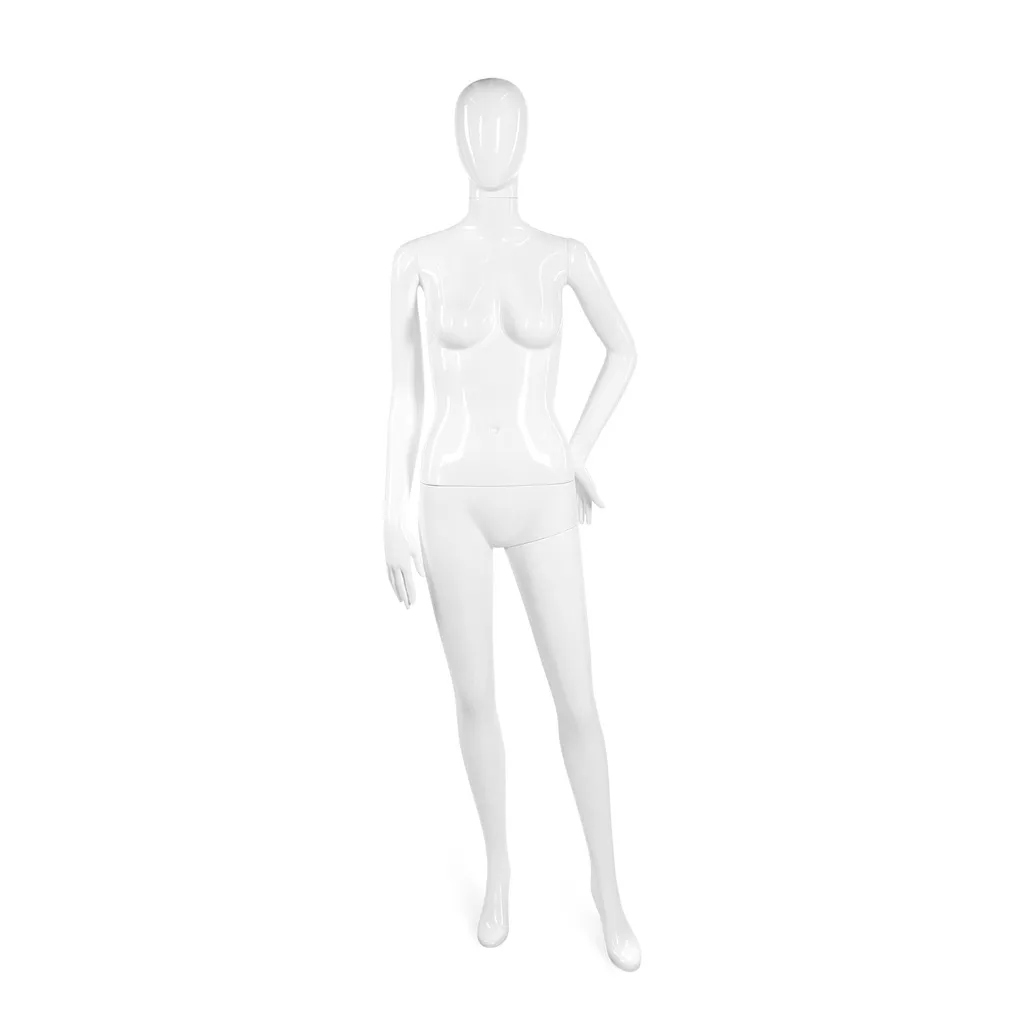 Unbreakable women's mannequin, abstract head, recyclable mannequin made of ABS plastic, glossy white, pose 20