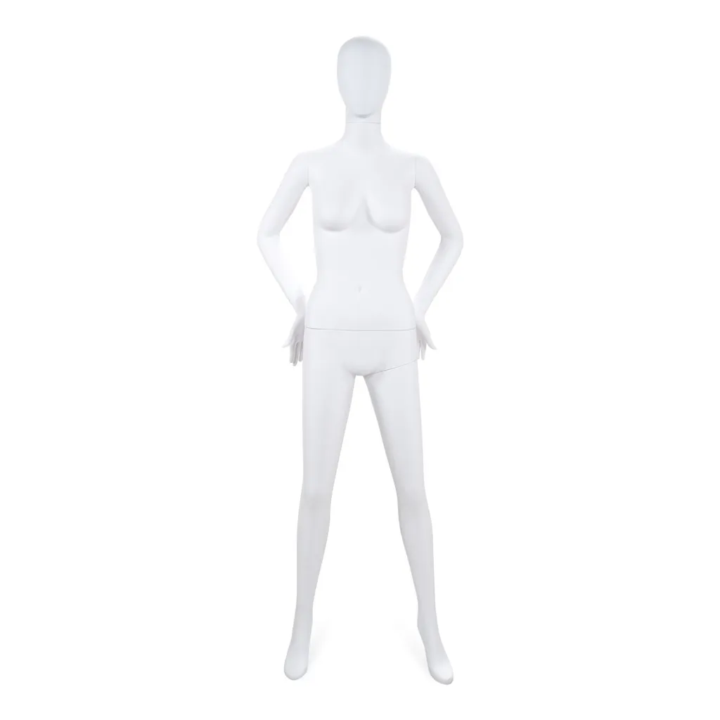 Unbreakable male mannequin, abstract head, recyclable mannequin made from ABS plastic, matte white, pose 23