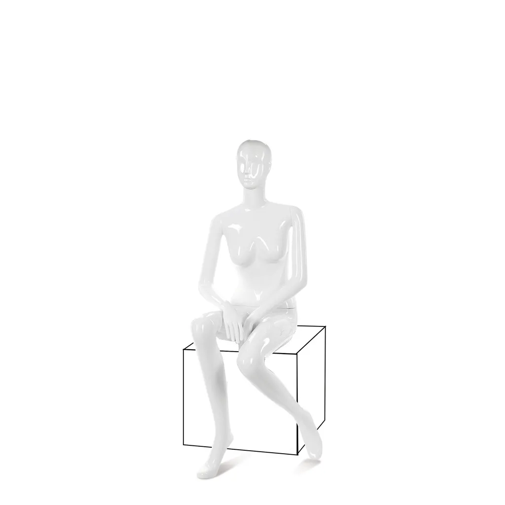 Unbreakable women's mannequin, semi-abstract head, recyclable mannequin made of ABS plastic, glossy white, pose 37