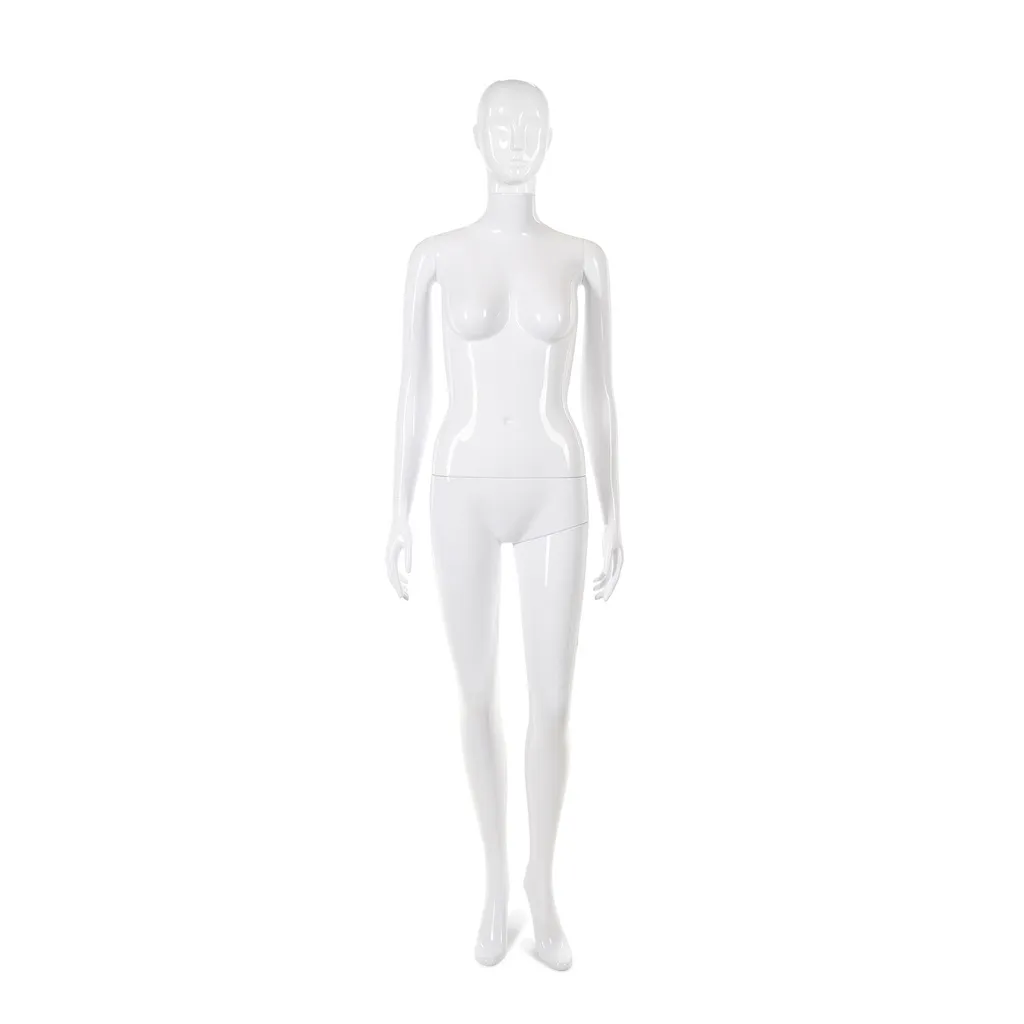 Unbreakable women's mannequin, semi-abstract head, recyclable mannequin made of ABS plastic, glossy white, pose 37