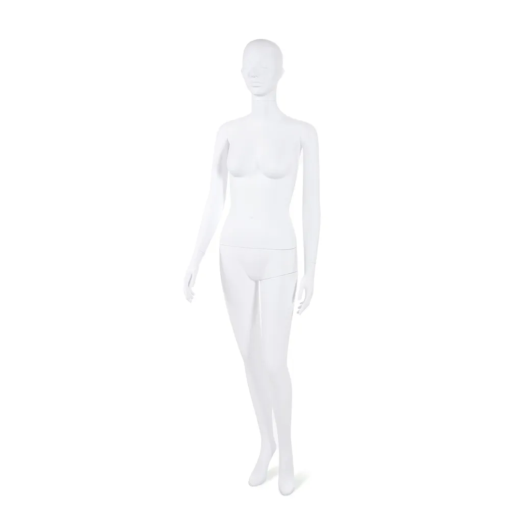 Unbreakable male mannequin, semi-abstract head, recyclable mannequin made from ABS plastic, matte white, pose 37