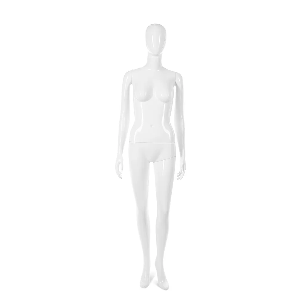 Unbreakable women's mannequin, abstract head, recyclable mannequin made of ABS plastic, glossy white, pose 37