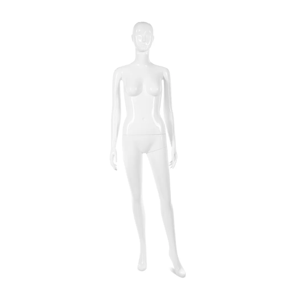 Unbreakable women's mannequin, semi-abstract head, recyclable mannequin made of ABS plastic, glossy white, pose 42