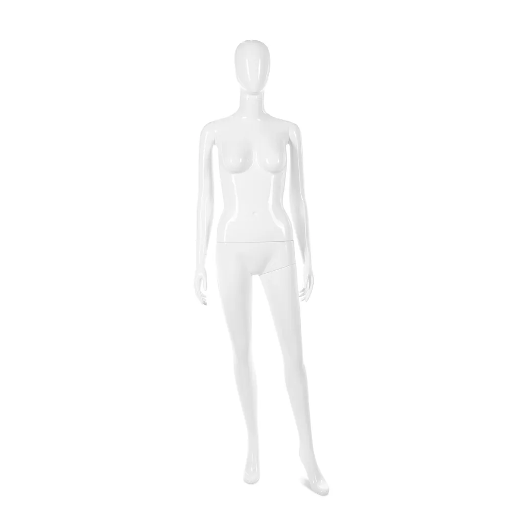 Unbreakable women's mannequin, abstract head, recyclable mannequin made of ABS plastic, glossy white, pose 42