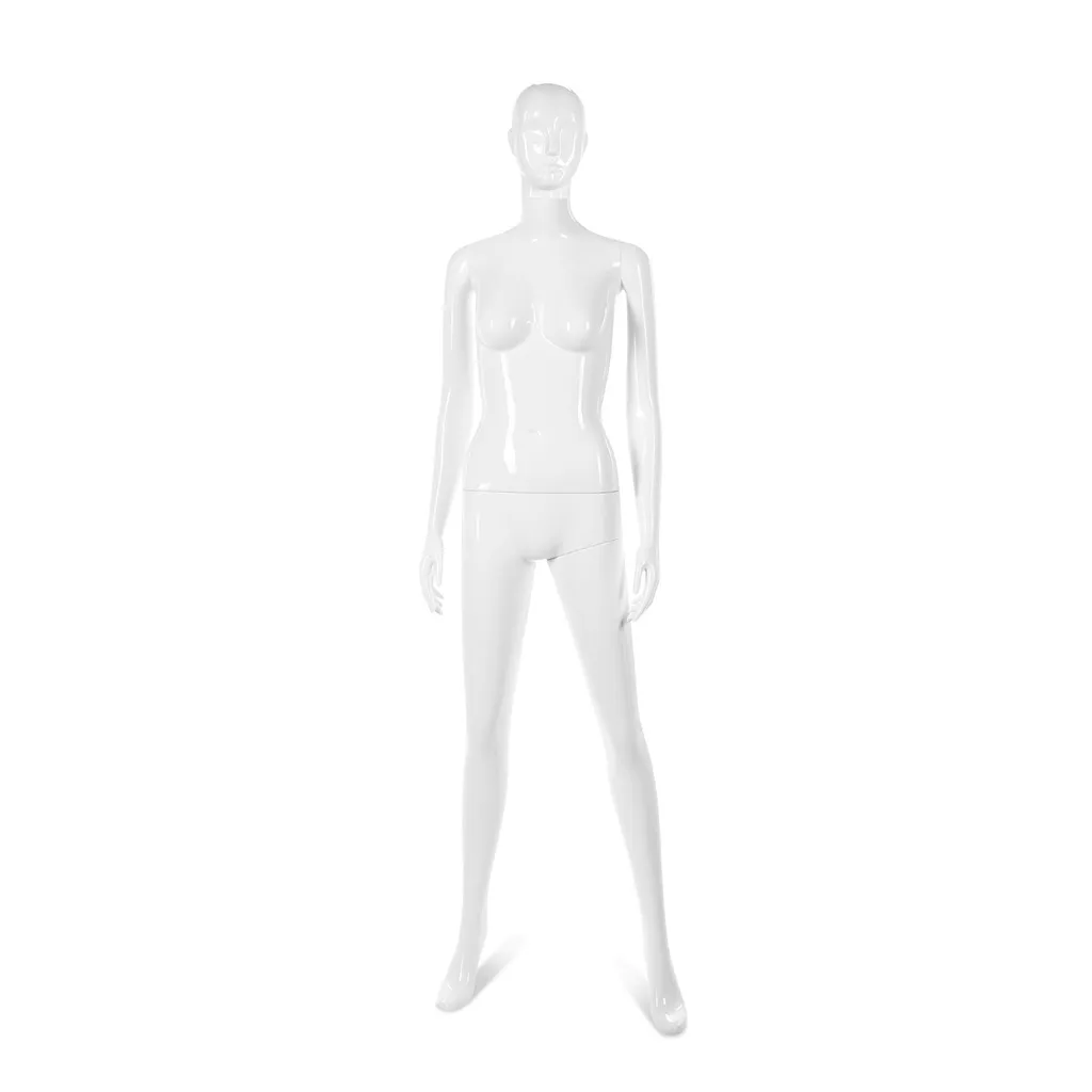 Unbreakable women's mannequin, semi-abstract head, recyclable mannequin made of ABS plastic, glossy white, pose 43