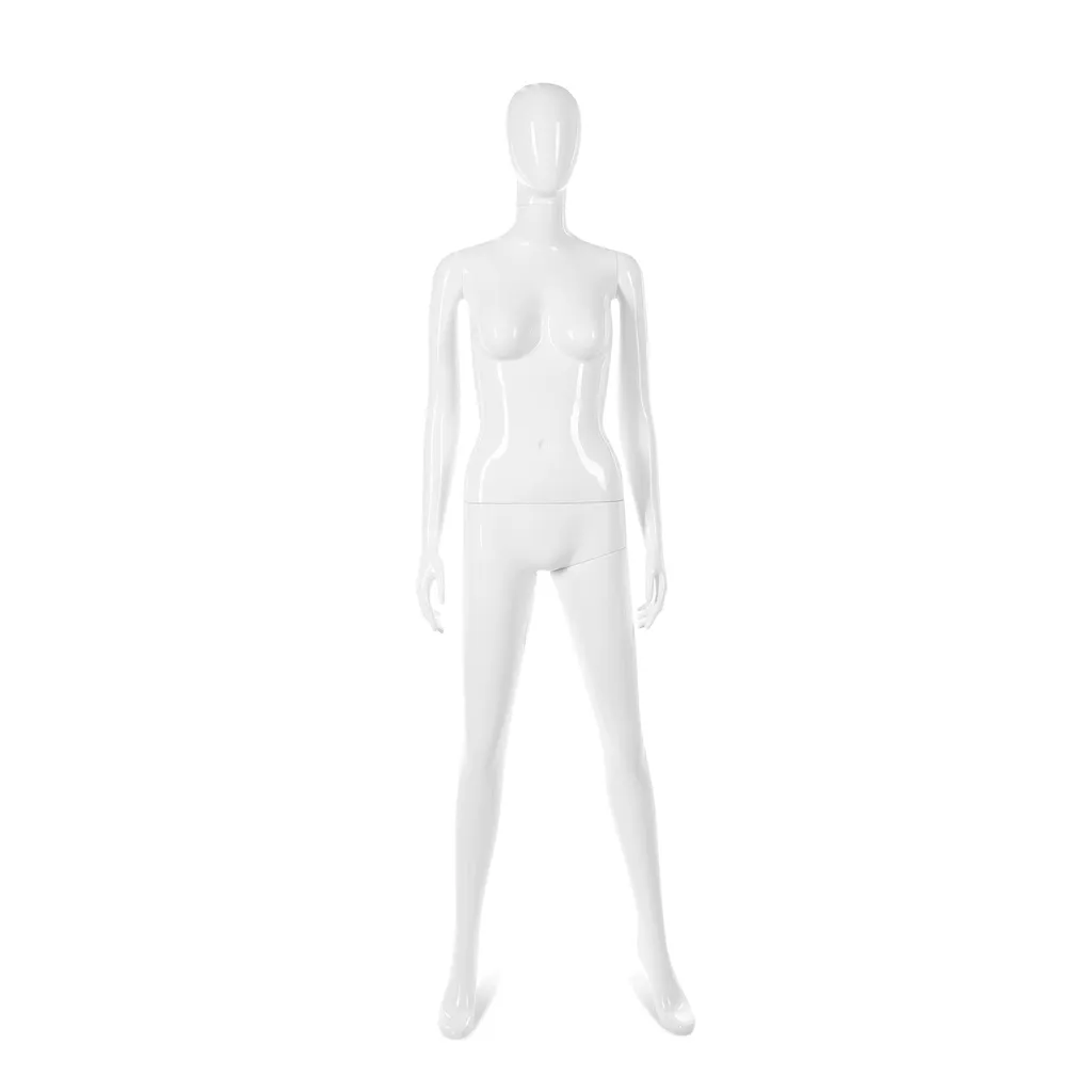 Unbreakable women's mannequin, abstract head, recyclable mannequin made of ABS plastic, glossy white, pose 43