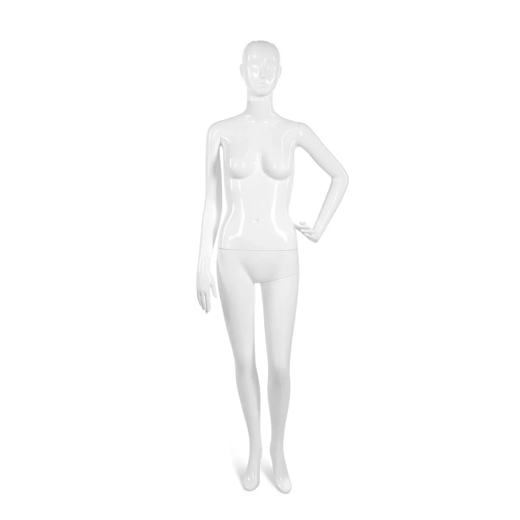 Unbreakable women's mannequin, semi-abstract head, recyclable mannequin made of ABS plastic, glossy white, pose 44