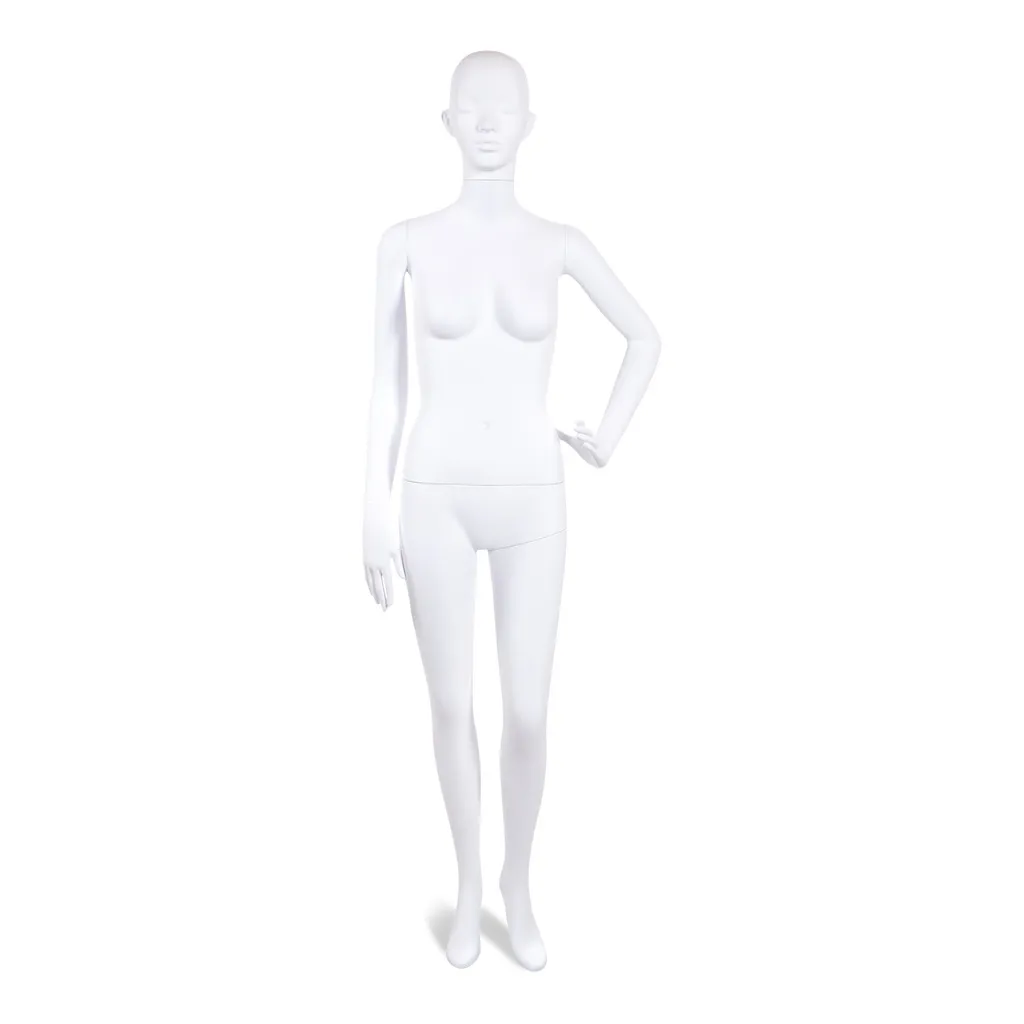 Unbreakable male mannequin, semi-abstract head, recyclable mannequin made from ABS plastic, matte white, pose 44