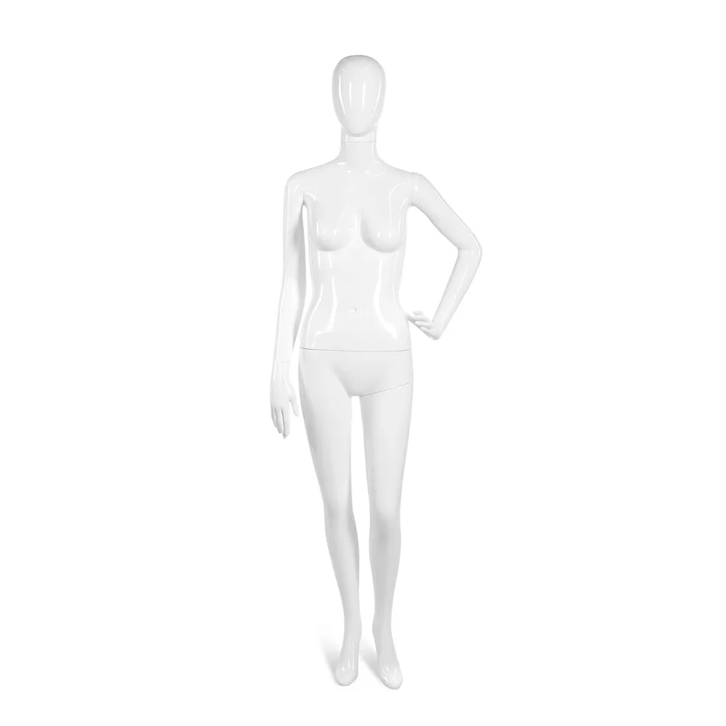 Unbreakable women's mannequin, abstract head, recyclable mannequin made of ABS plastic, glossy white, pose 44