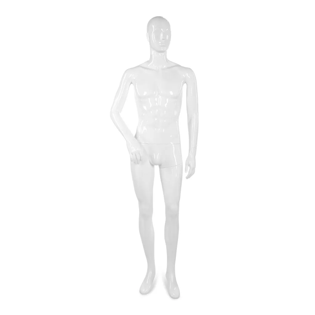 Unbreakable men's mannequin, semi-abstract head, recyclable mannequin made of ABS plastic, glossy white, pose 04