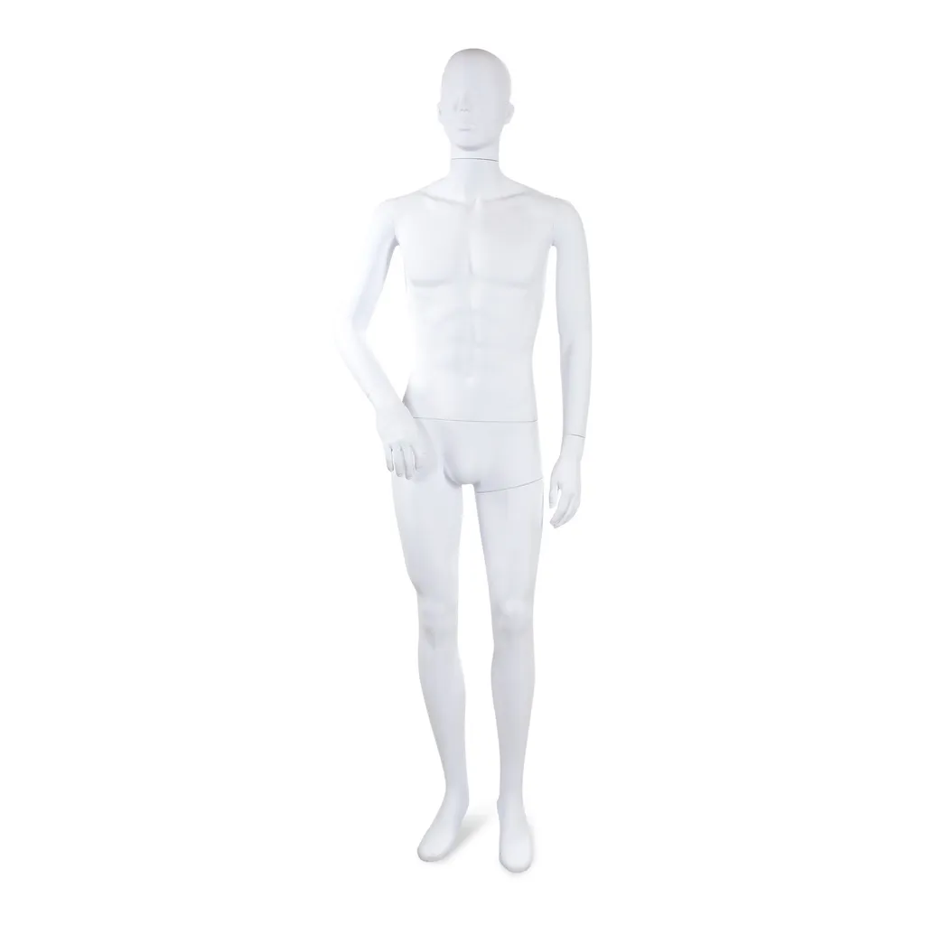 Unbreakable male mannequin, semi-abstract head, recyclable mannequin made from ABS plastic, matte white, pose 04