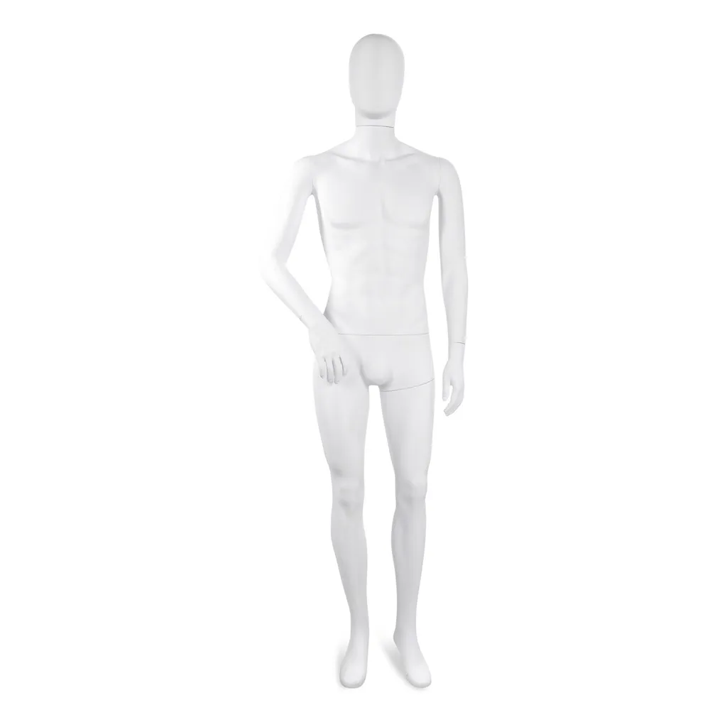 Unbreakable male mannequin, abstract head, recyclable mannequin made from ABS plastic, matte white, pose 04