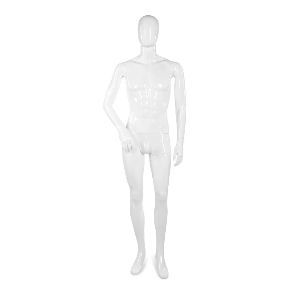 Mannequin homme incassable, tête abstraite, mannequin recyclable en plastique ABS, blanc brillant, pose 04