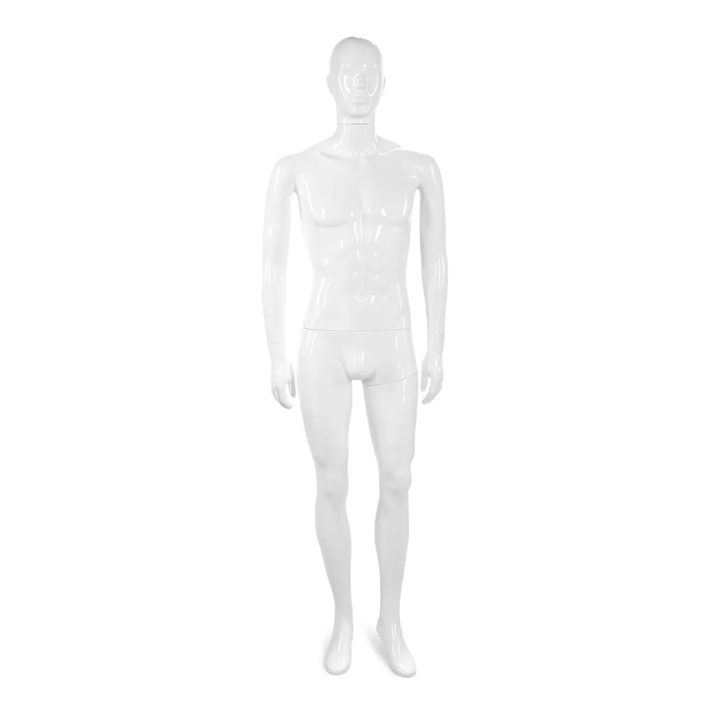 Mannequin homme incassable, tête semi-abstraite, mannequin recyclable en plastique ABS, blanc brillant, pose 05