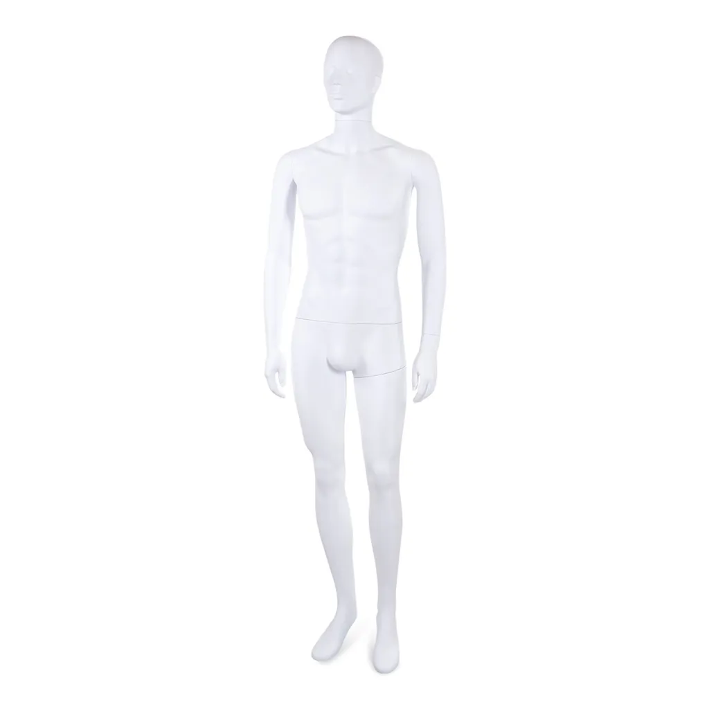 Unbreakable male mannequin, semi-abstract head, recyclable mannequin made from ABS plastic, matte white, pose 05