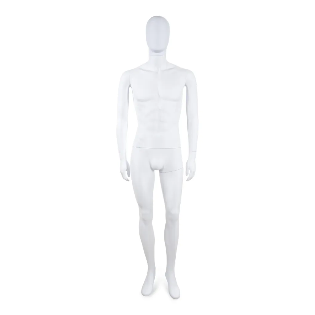 Unbreakable male mannequin, abstract head, recyclable mannequin made from ABS plastic, matte white, pose 05