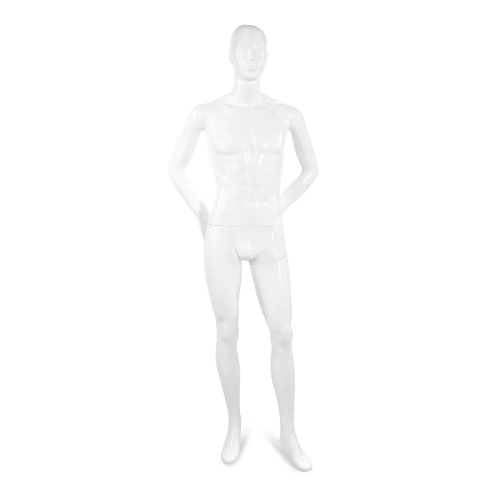 Unbreakable men's mannequin, semi-abstract head, recyclable mannequin made of ABS plastic, glossy white, pose 06