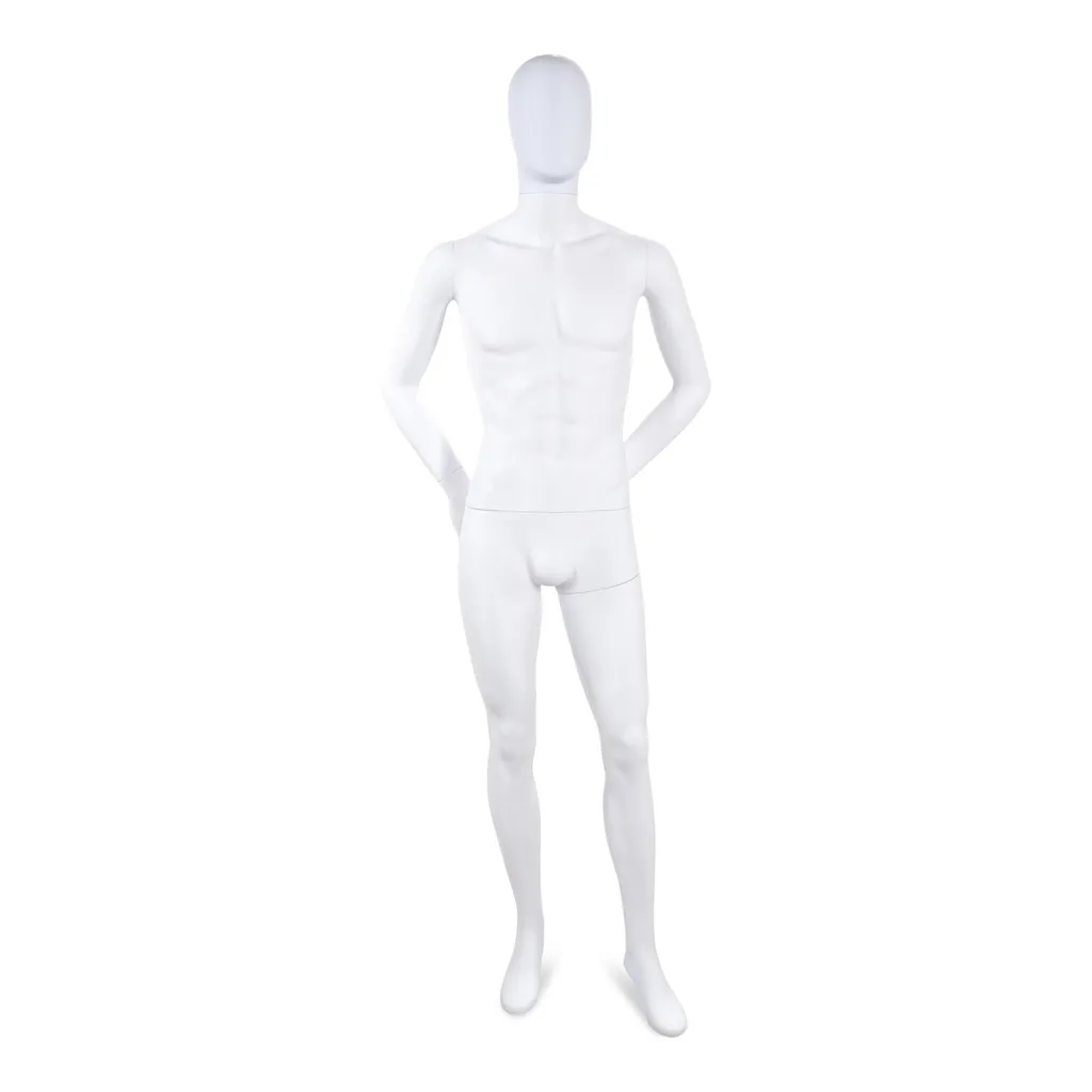 Unbreakable male mannequin, abstract head, recyclable mannequin made from ABS plastic, matte white, pose 06