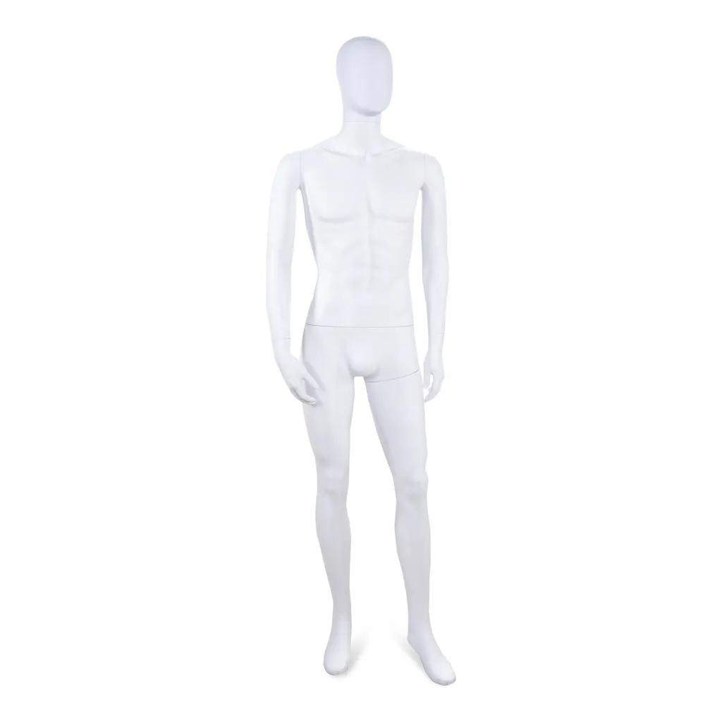 Unbreakable male mannequin, abstract head, recyclable mannequin made from ABS plastic, matte white, pose 08