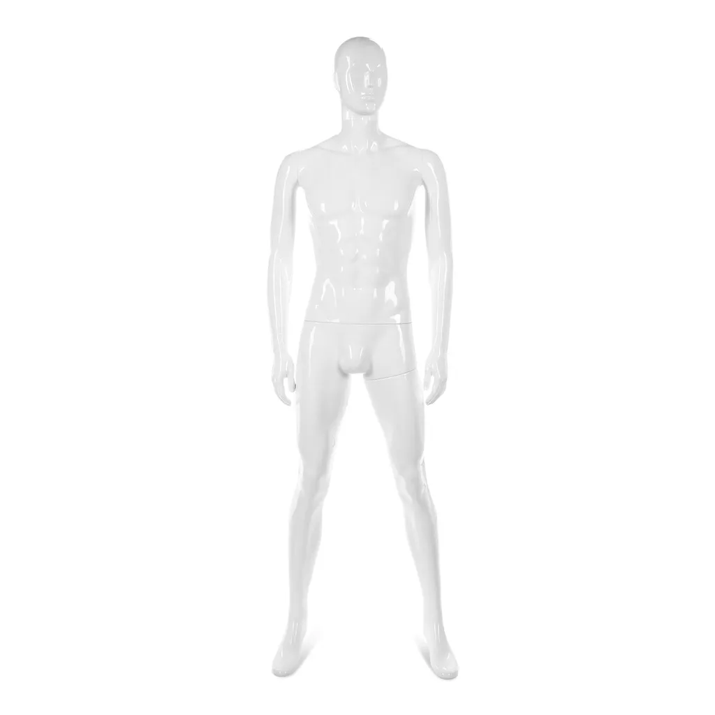 Unbreakable men's mannequin, semi-abstract head, recyclable mannequin made of ABS plastic, glossy white, pose 10