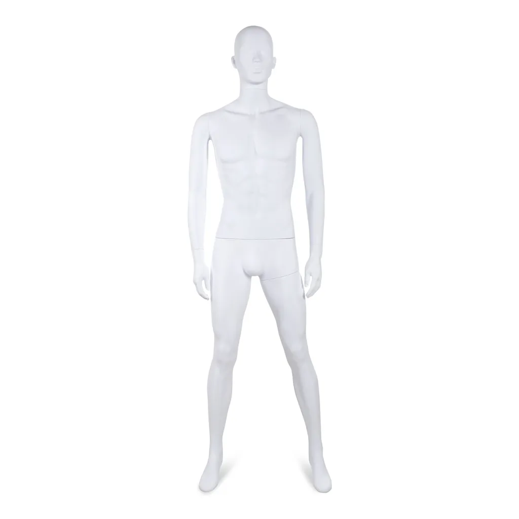 Unbreakable male mannequin, semi-abstract head, recyclable mannequin made from ABS plastic, matte white, pose 10