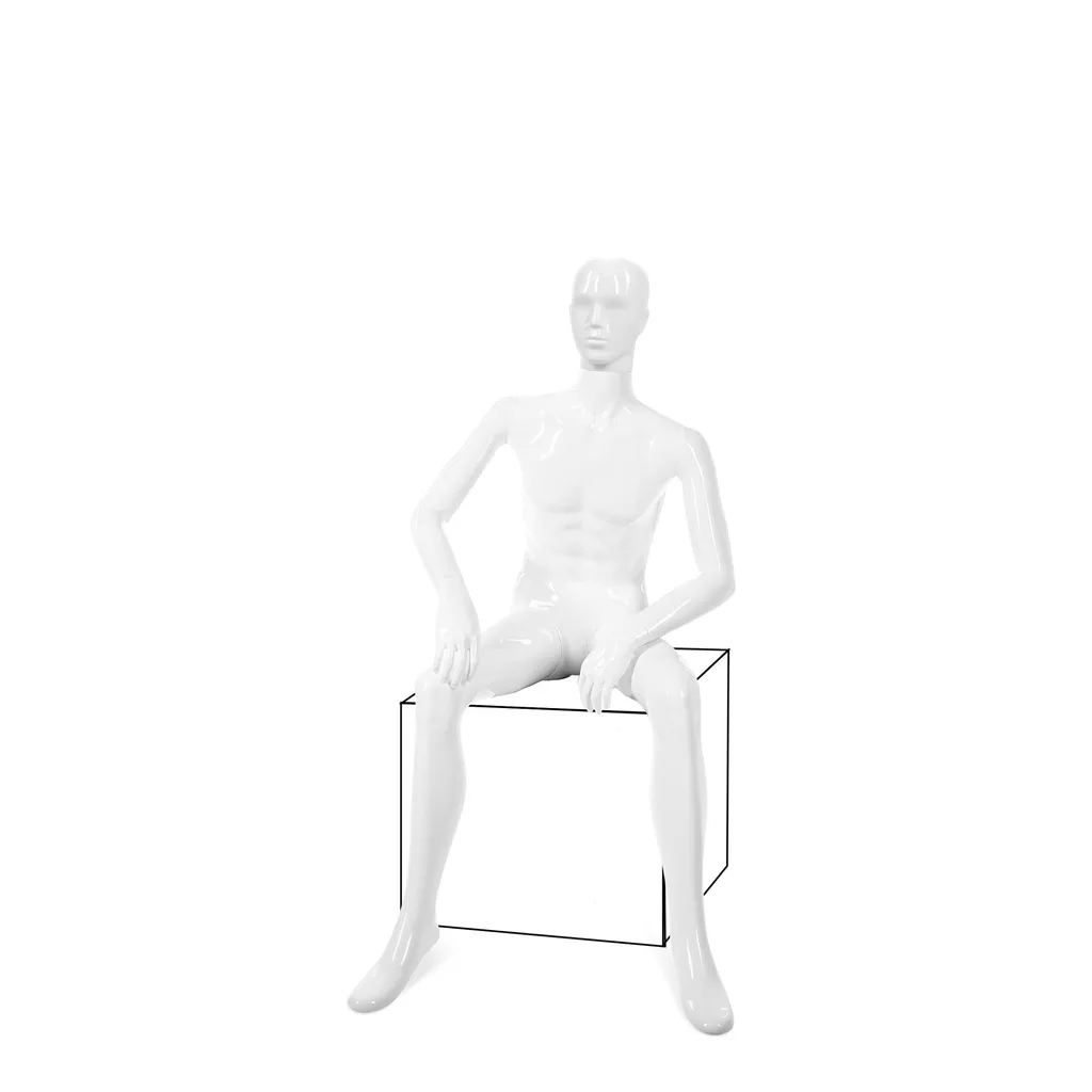 Unbreakable men's mannequin, semi-abstract head, recyclable mannequin made of ABS plastic, glossy white, pose 12