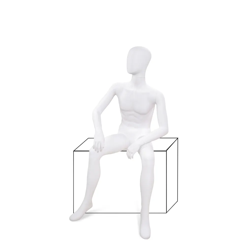 Unbreakable male mannequin, abstract head, recyclable mannequin made from ABS plastic, matte white, pose 12