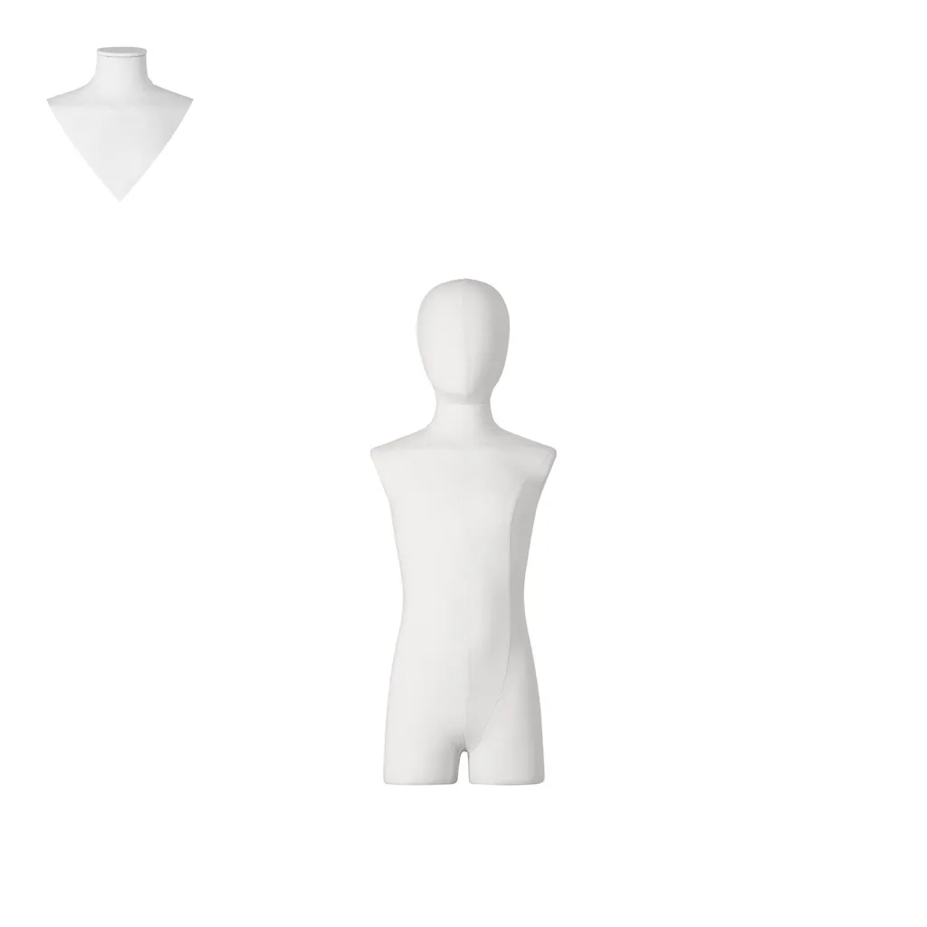 Dress form with legs, child, 8 years, covered with white woven fabric, removable abstract head